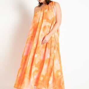 Elloqui One Shoulder Chiffon Apricot Blossom Trapeze Dress